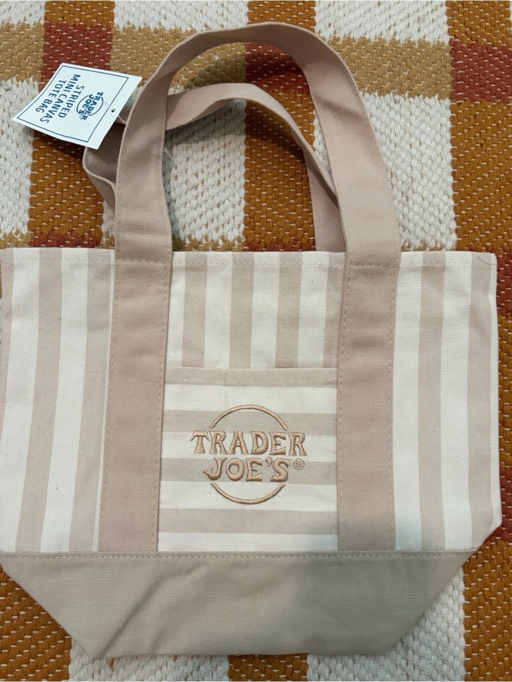 Trader Joe's Cream & Tan Striped Mini Canvas Tote Bag